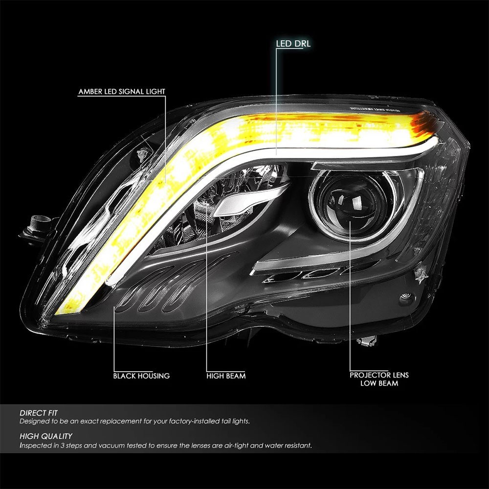 LED DRL Black Projector Headlight+Tool Kit